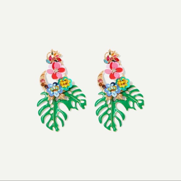 ZARA Gold & Multi Bright Tropical Floral Palm Leaf Dangle Statement Earrings - Picture 4 of 16